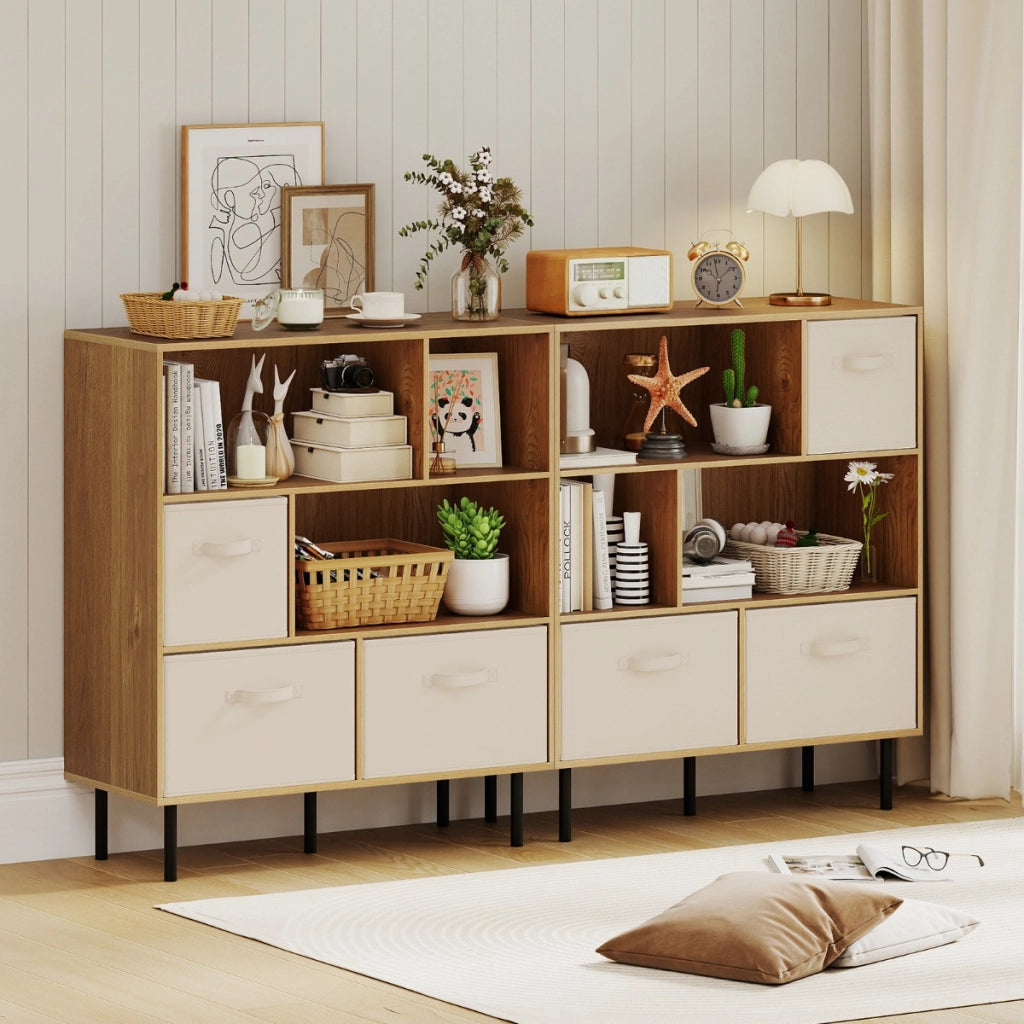 Libreria organizzatore autoportante gambe metallo soggiorno-Armadietto contenitore 6 cubi scaffale 3 livelli 3 cassetti tessuto Legno naturale