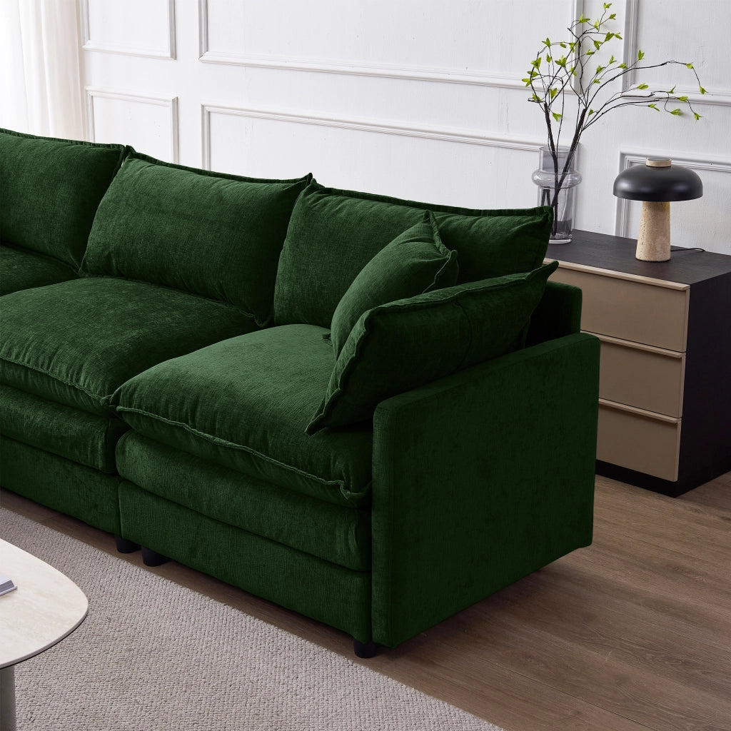 Divano angolare modulare a 3 posti con chaise longue e pouf in chenille verde