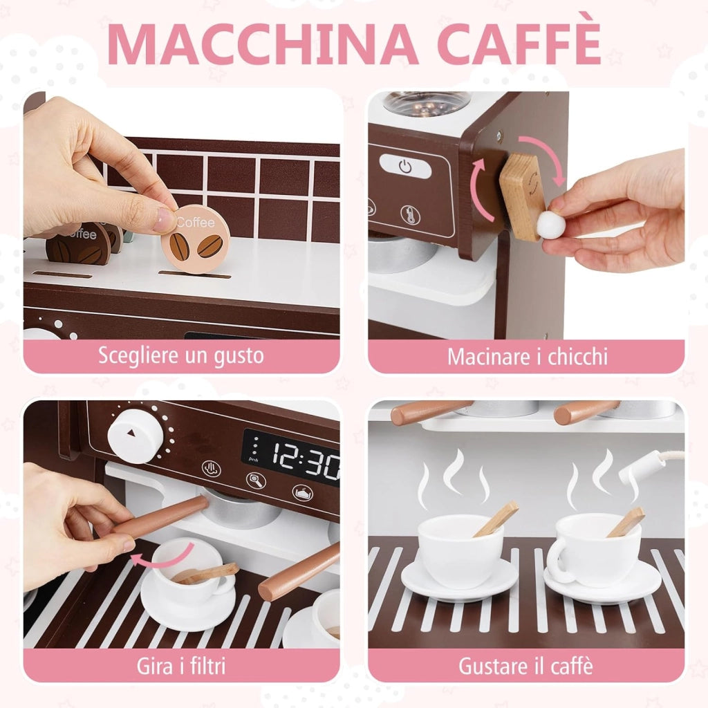 Cucina Giocattolo con Macchina da Caffè e del Ghiaccio, Cucina per Bambini in Legno con Lavatrice, Microonde, Fornelli e Lavandino, Set Cucina con 27 Accessori, 106 x 30 x 105 cm (Marrone)