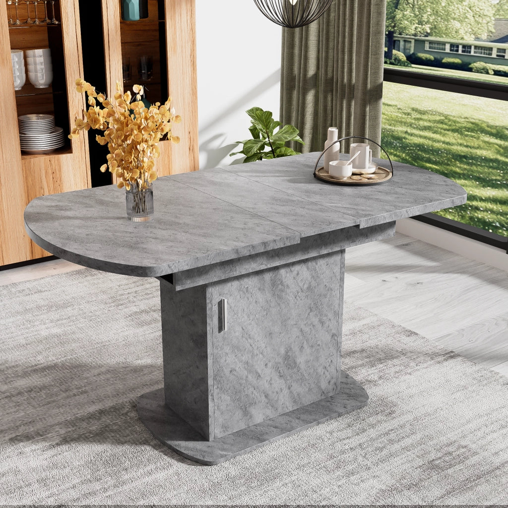 Tavolo da pranzo allungabile ovale con vani contenitore e armadietti, per sala da pranzo e soggiorno, grigio