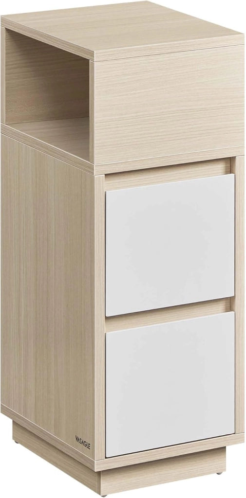 VASAGLE Kailyn Collection - Comodino stretto, set di 2, tavolino, 2 cassetti e vano aperto, montaggio a sinistra o a destra, camera da letto, soggiorno, beige naturale e bianco nuvola LET856N01