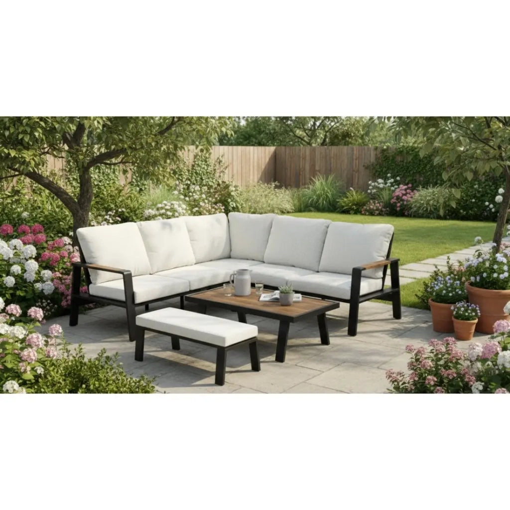Salon da giardino angolare CALVARO 4 posti in alluminio nero con cuscini beige, panca e tavolino effetto legno