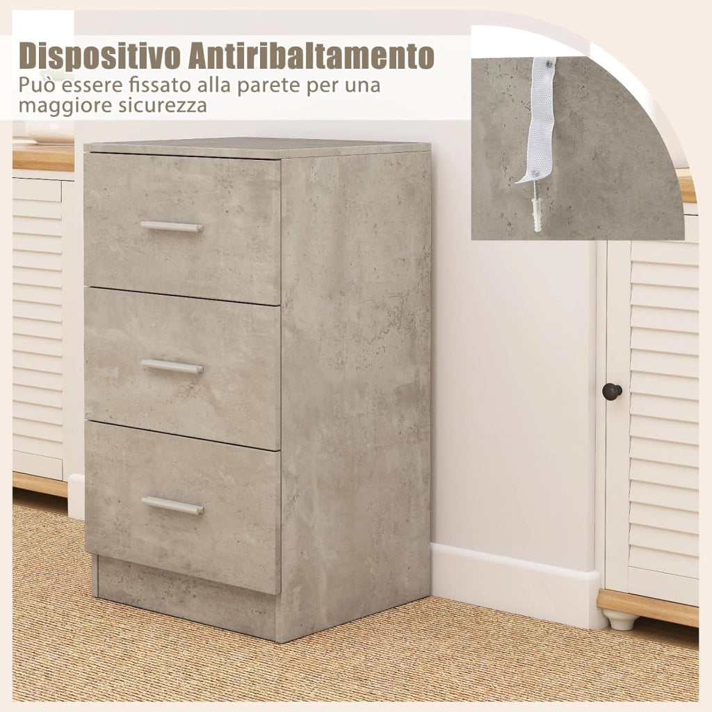 Comodino Camera da Letto 37 x 34 x 66,5cm, Cassettiera in Legno Moderno con 3 Cassetti, Mobile Salvaspazio per Soggiorno, Ufficio e Camerretta (1, Grigio)