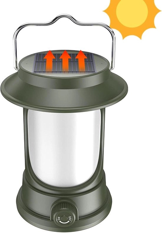 Lampada da campeggio portatile, funzionante con energia solare, lampada da tenda ricaricabile per uso esterno via USB, luce LED calda per campeggiare, pescare e fare escursioni.