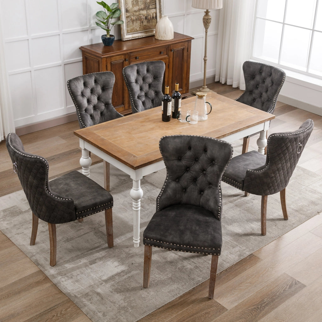 Sedie da pranzo set da 6 imbottite con gambe regolabili anello sullo schienale e borchie in velluto grigio