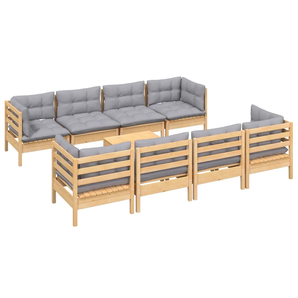 Set Divani da Giardino 9 pz con Cuscini Grigi Massello di Pino 3096165