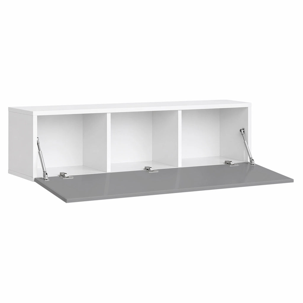 Mobile TV Sospeso Design Minimal Con 3 Vani Contenitore Anta A Ribalta Reversibile Frontale Lucido In Melaminico Per Soggiorno Salotto Zona Living 160 X 34 X 40 Cm Grigio E Bianco