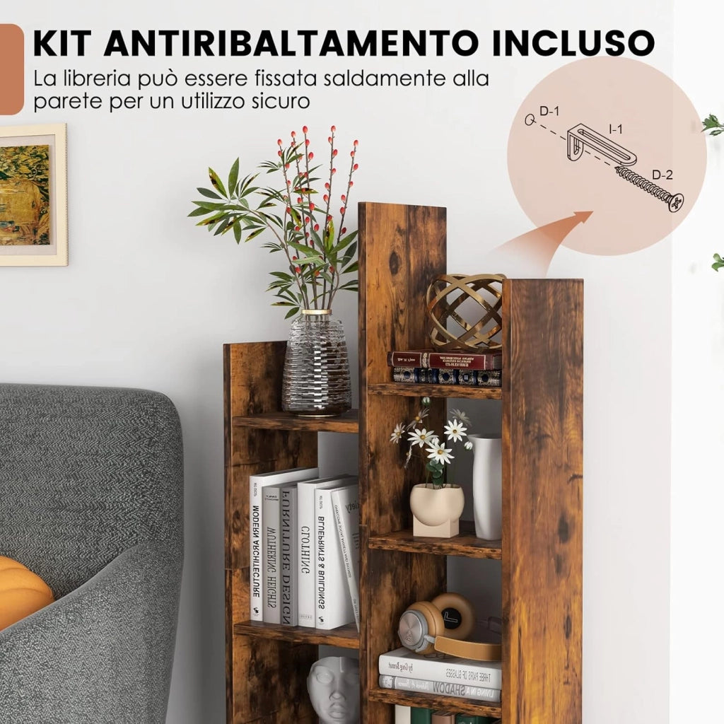 Libreria in Legno a 7 Piani, Scaffale Multifunzionale con 1 Cassetto e 7 Scomparti, Scaffale Espositivo per Soggiorno Studio Ufficio, 53x24x118 cm (Marrone, 1 cassetto)
