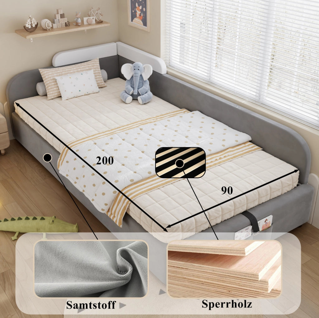 Letto imbottito per bambini con contenitore idraulico; sponda morbida; 90x200 cm; velluto bianco e grigio