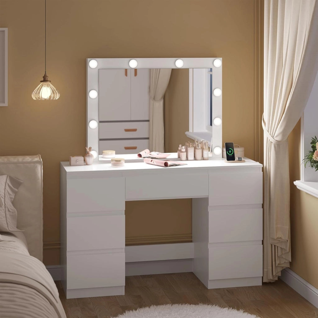 Toeletta da Trucco con Specchio LED Regolabile, Tavolo da Trucco Moderno con Cassetti e 2 Prese, 1 USB-A e 1 USB-C, Cavo di 1,5 m, Bianco