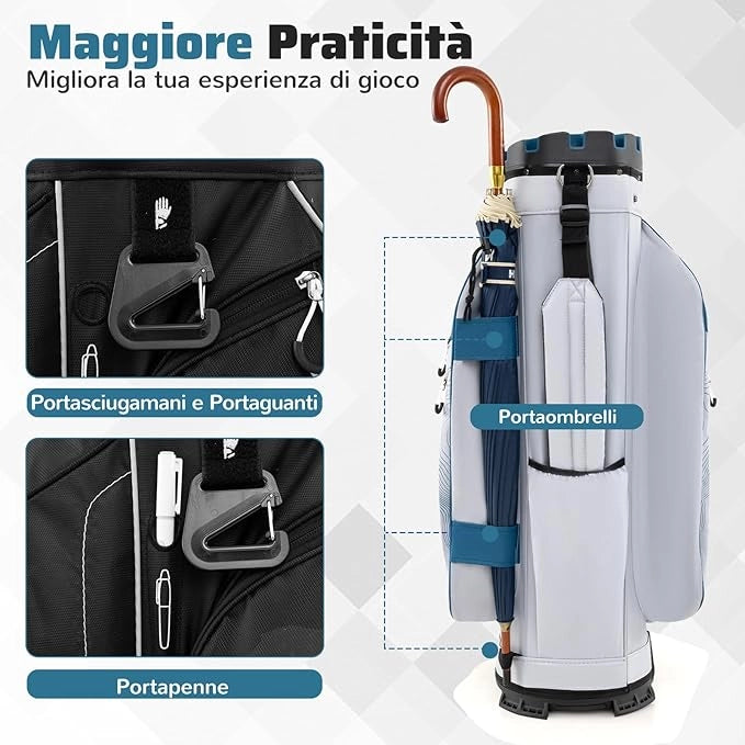Borsa Carrello da Golf, Sacca da Golf con Serratura e Divisori a 14 Vie, 11 Tasche, Sacca Isolante, Tracolla Imbottita, Maniglie, Porta Ombrello e Cappuccio Antipioggia