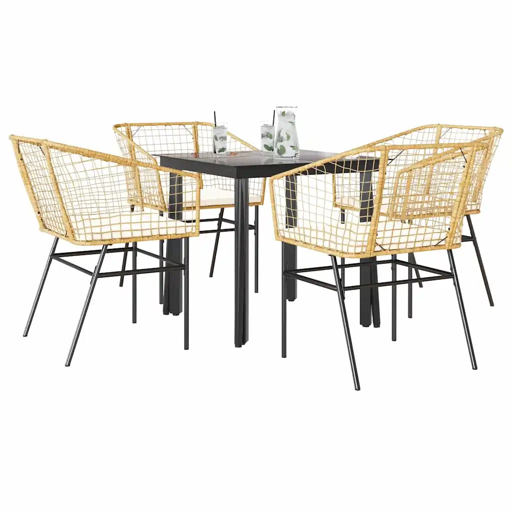 Set da Pranzo da Giardino 5pz con Cuscini Polyrattan Vetro