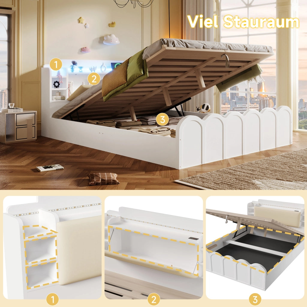 DESMIU Letto contenitore 140 × 200 cm 2 posti con USB Type-C, LED e vano idraulico, senza materasso, bianco