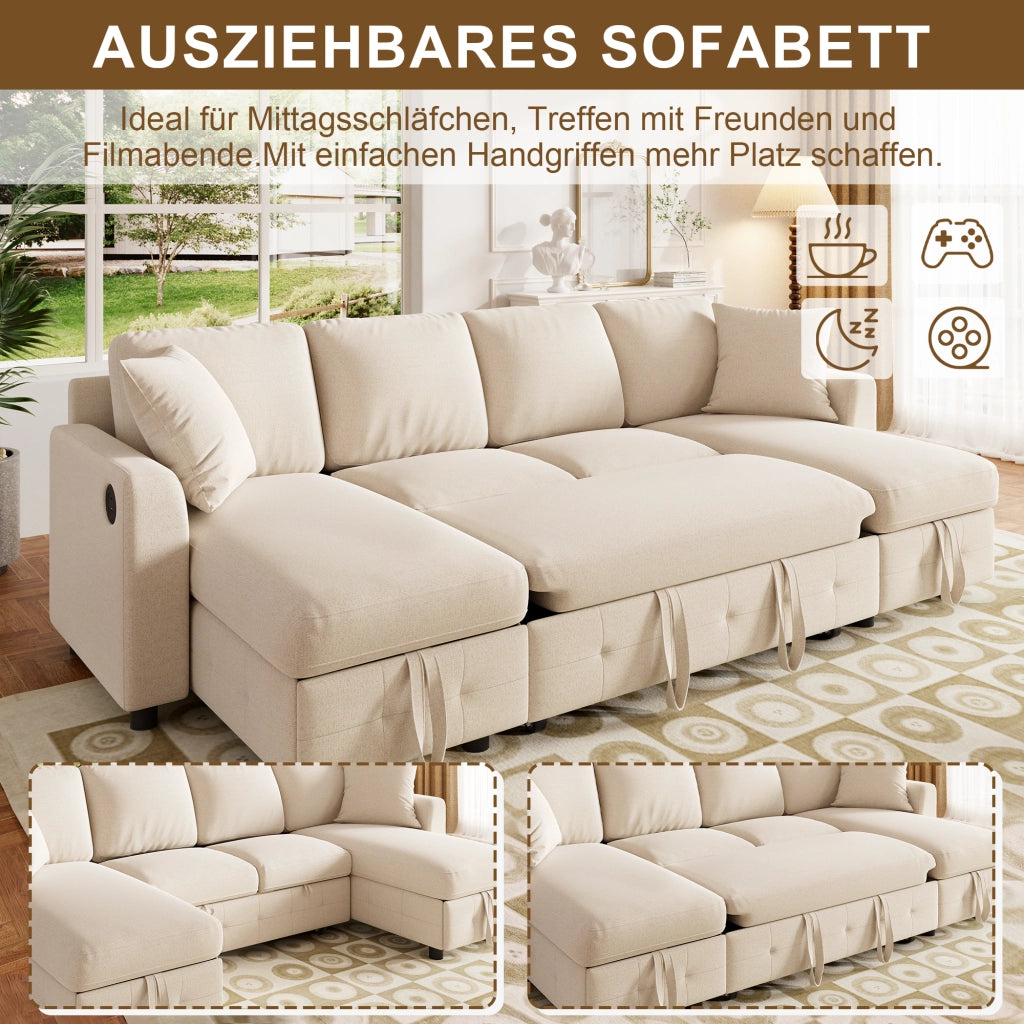 Divano angolare convertibile in ciniglia con letto estraibile e contenitore, USB, Type-C beige 260 × 128 × 82 cm