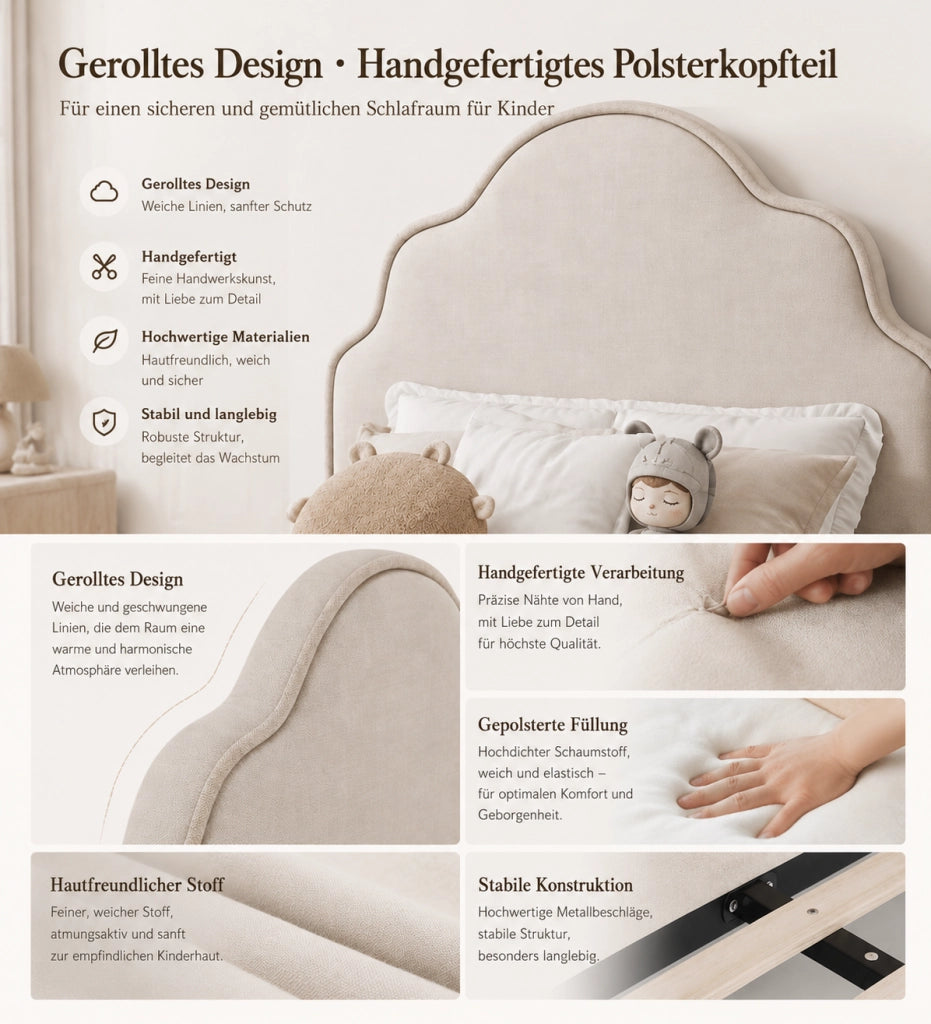 Letto per bambini 90 × 200 cm con testiera imbottita a forma di nuvola, senza materasso, in lino beige