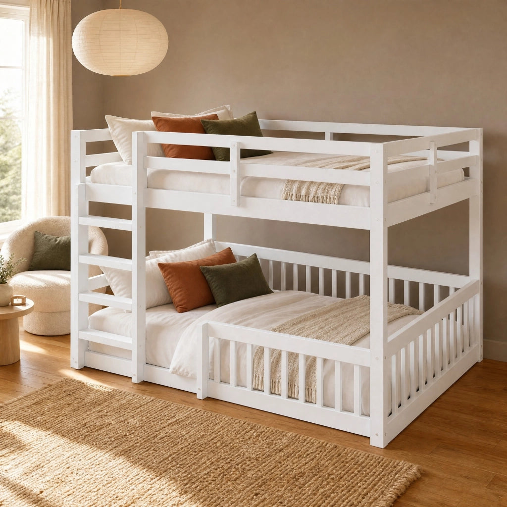 DESMIU Letto a castello 4 posti con sponde, 160 × 200 cm e 160 × 200 cm, senza materasso, in MDF e pino, bianco
