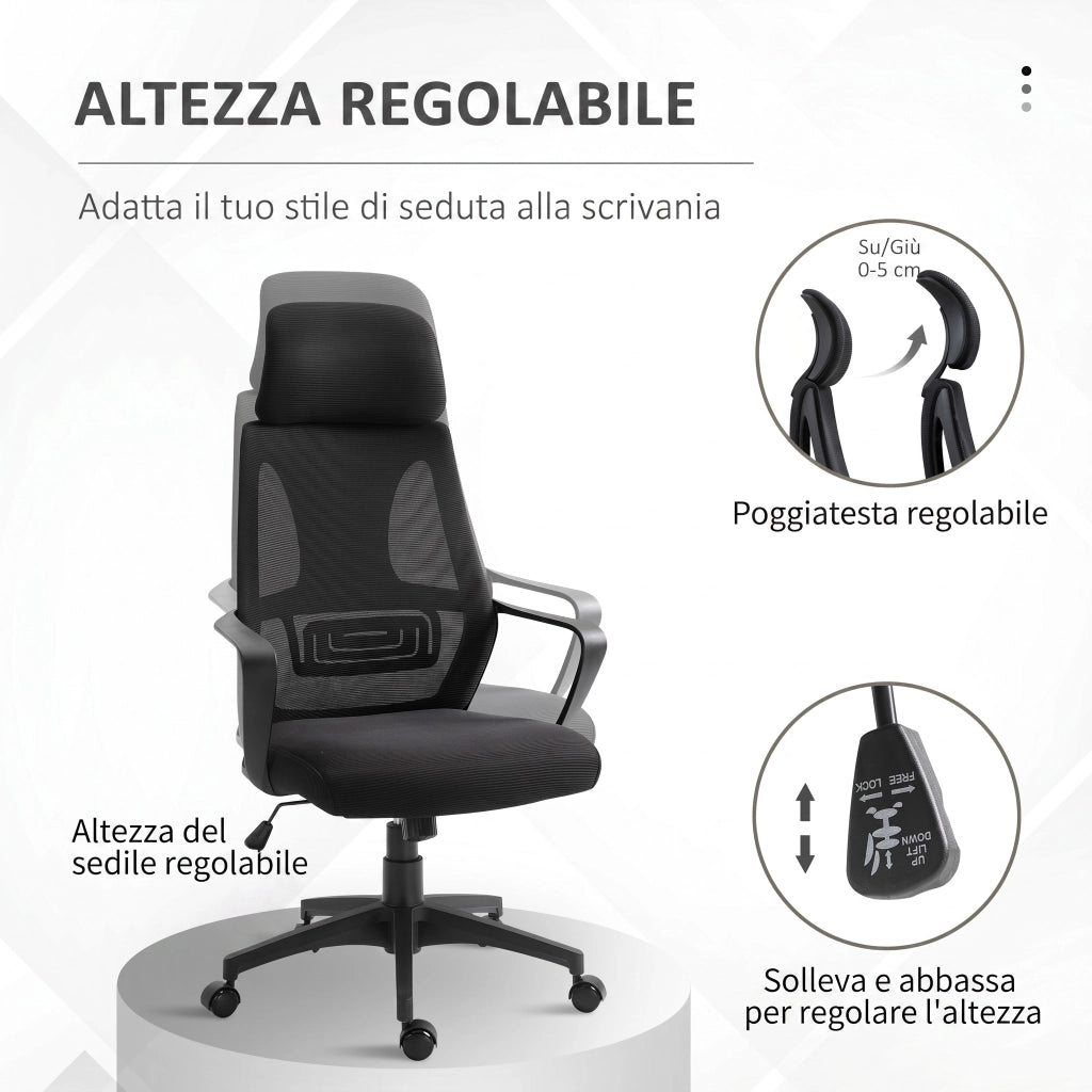 Sedia da Ufficio Reclinabile ¨C Xylo ¨C Nero Poliestere Poggiatesta Supporto Lombare 64x55x116-126 cm