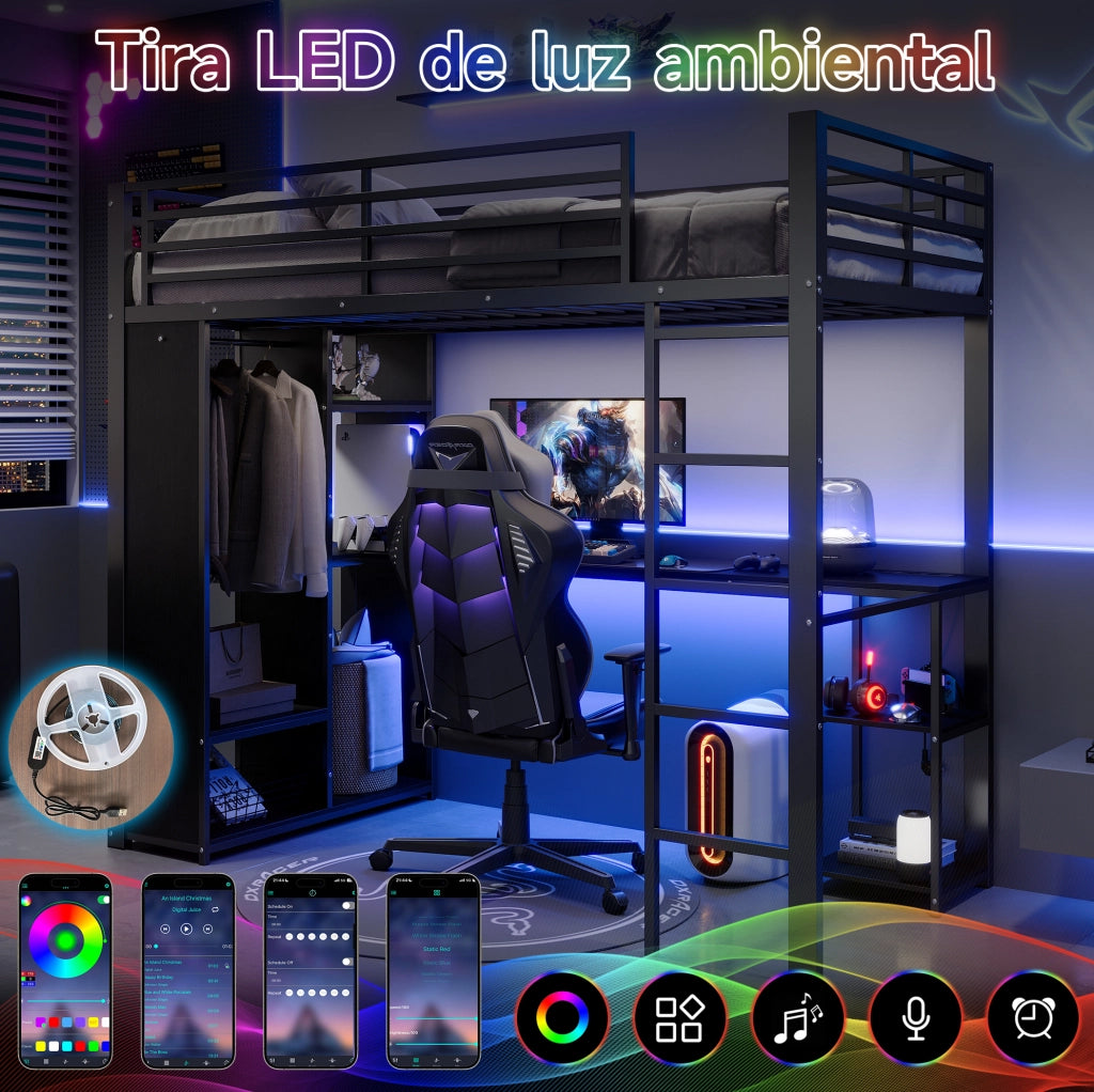 Letto a soppalco 90 x 200 cm in metallo e MDF con LED; scrivania e armadio aperto; nero