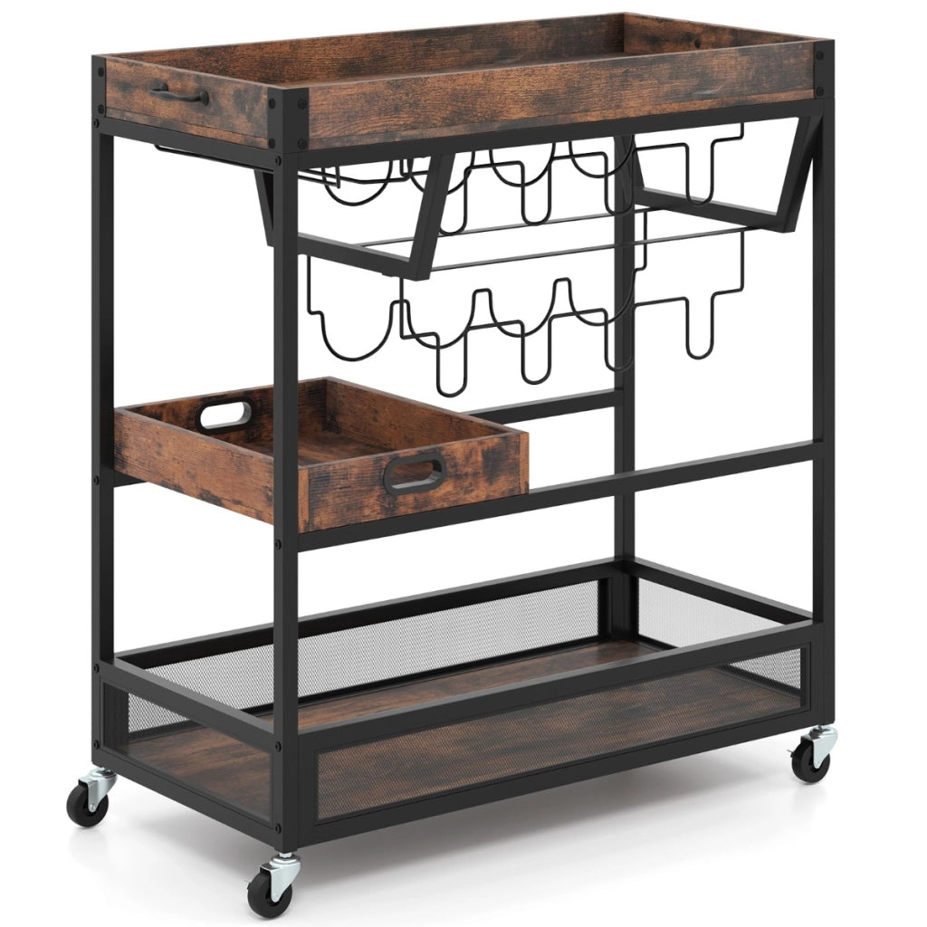 Carrello bar per casa con vassoio rimovibile, Carrello da cucina a 3 piani con ruote bloccabili Marrone scuro-Carrelli