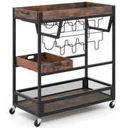 Carrello bar per casa con vassoio rimovibile, Carrello da cucina a 3 piani con ruote bloccabili Marrone scuro-Carrelli