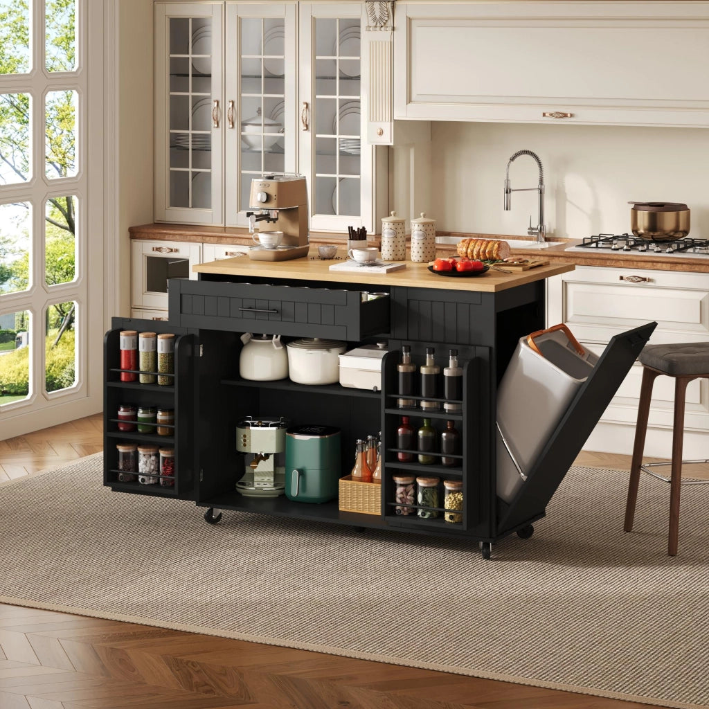 Isola da cucina mobile con piano ribaltabile, ruote bloccabili, credenza portaoggetti e vano rifiuti nascosto, 130x70x93 cm