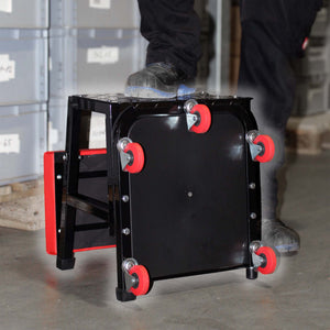 Sgabello da officina con ruote e scaletta, carrello e scaltte 2in1, portata 160 kg, sgabello da meccanico con portaoggetti e scalino