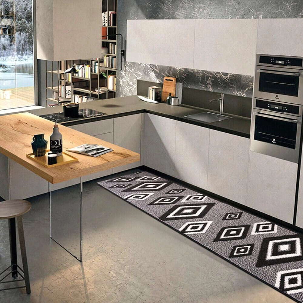 Tappeto Cucina Rombi .3D 57x40 Cm Assorbente Morbido Moderno Antiscivolo Nero