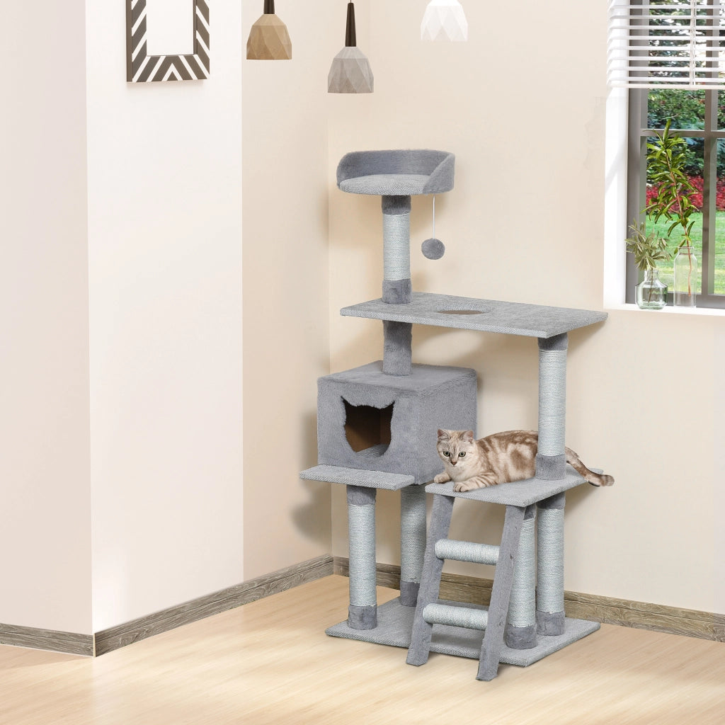 Tiragraffi per Gatti Multilivello con Casetta e Piattaforme ¨C Zephmum ¨C Grigio, Corda di Juta, 61x40x124