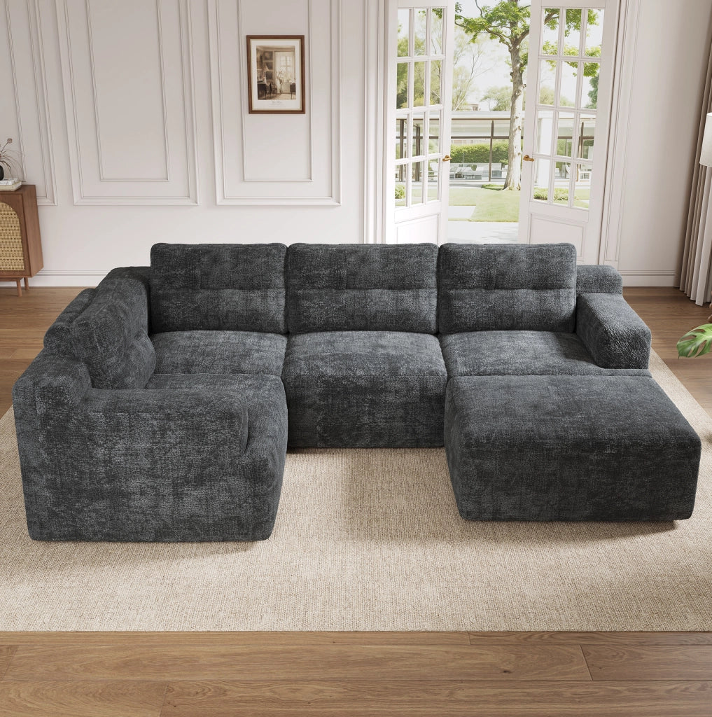 Divano modulare a U con pouf; 252 x 180 x 82 cm; chenille grigio