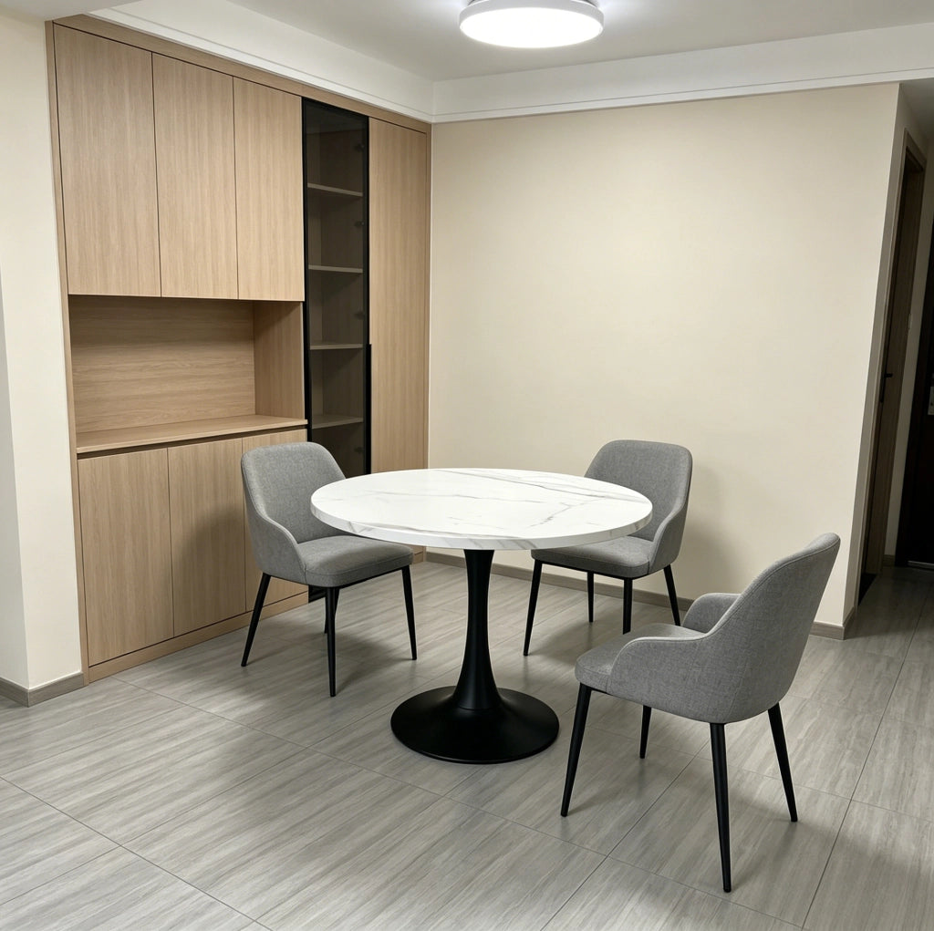 Tavolo da pranzo rotondo 80 cm in MDF e metallo; effetto marmo bianco; bianco e nero
