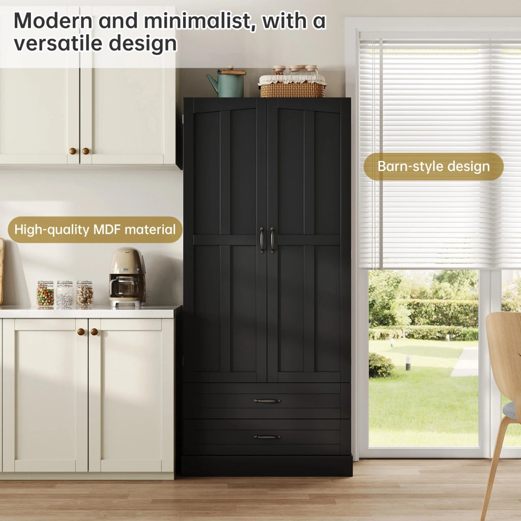 Credenza alta con 3 ripiani estraibili, 2 cassetti e ripiani nelle ante, in MDF nero, per cucina e soggiorno, 80 × 37,5 × 180 cm