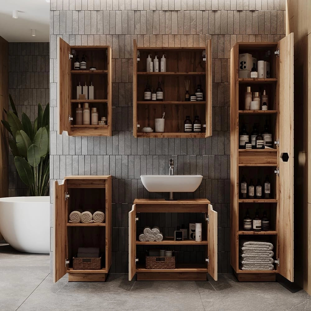 Set di mobili da bagno Lotta, Cachemire, 59.8 cm, composto da mobile sottolavabo, specchiera, colonna, base media e pensile