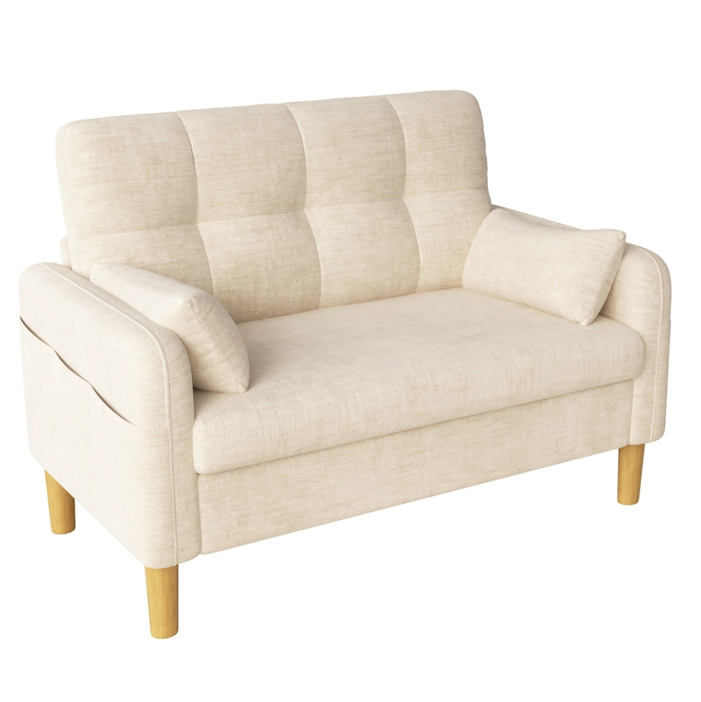 Divano 2 posti compatto 119x78 cm in ciniglia beige con 2 cuscini e tasca laterale HOMVRA