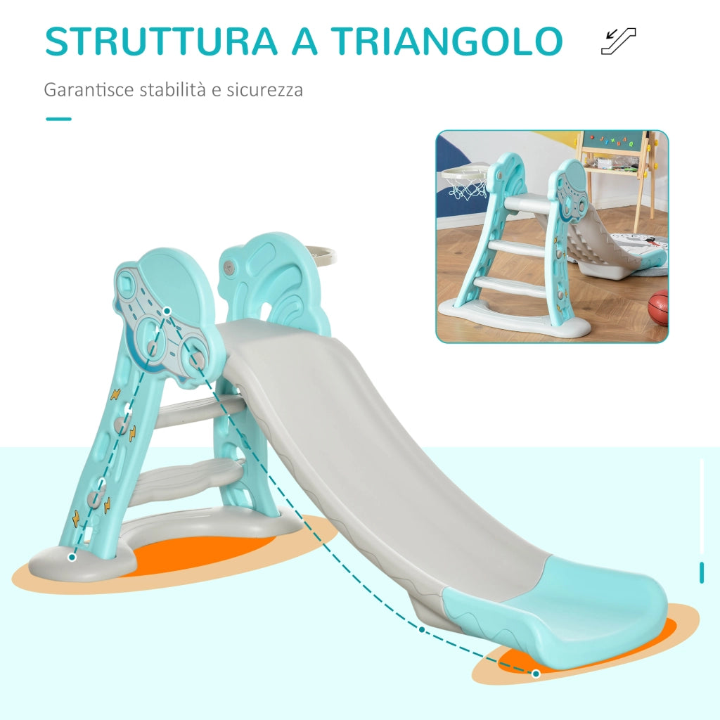 Scivolo per Bambini da 18 Mesi Pieghevole con 3 Scalini e Canestro Basket, Scivolo da Interno ed Esterno, 140x87x75cm, Blu e Grigio
