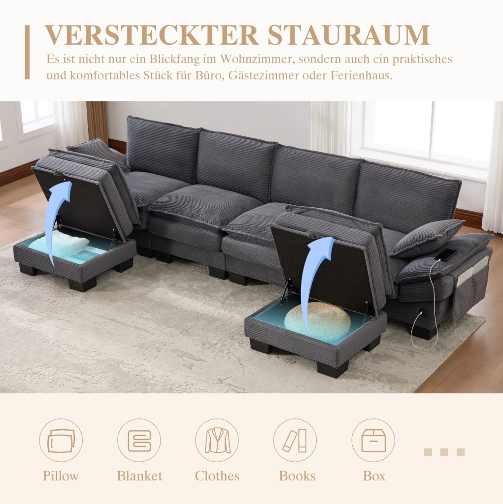 Divano modulare 4 posti in corduroy grigio scuro 330x132x84 cm con 2 pouf e USB-C