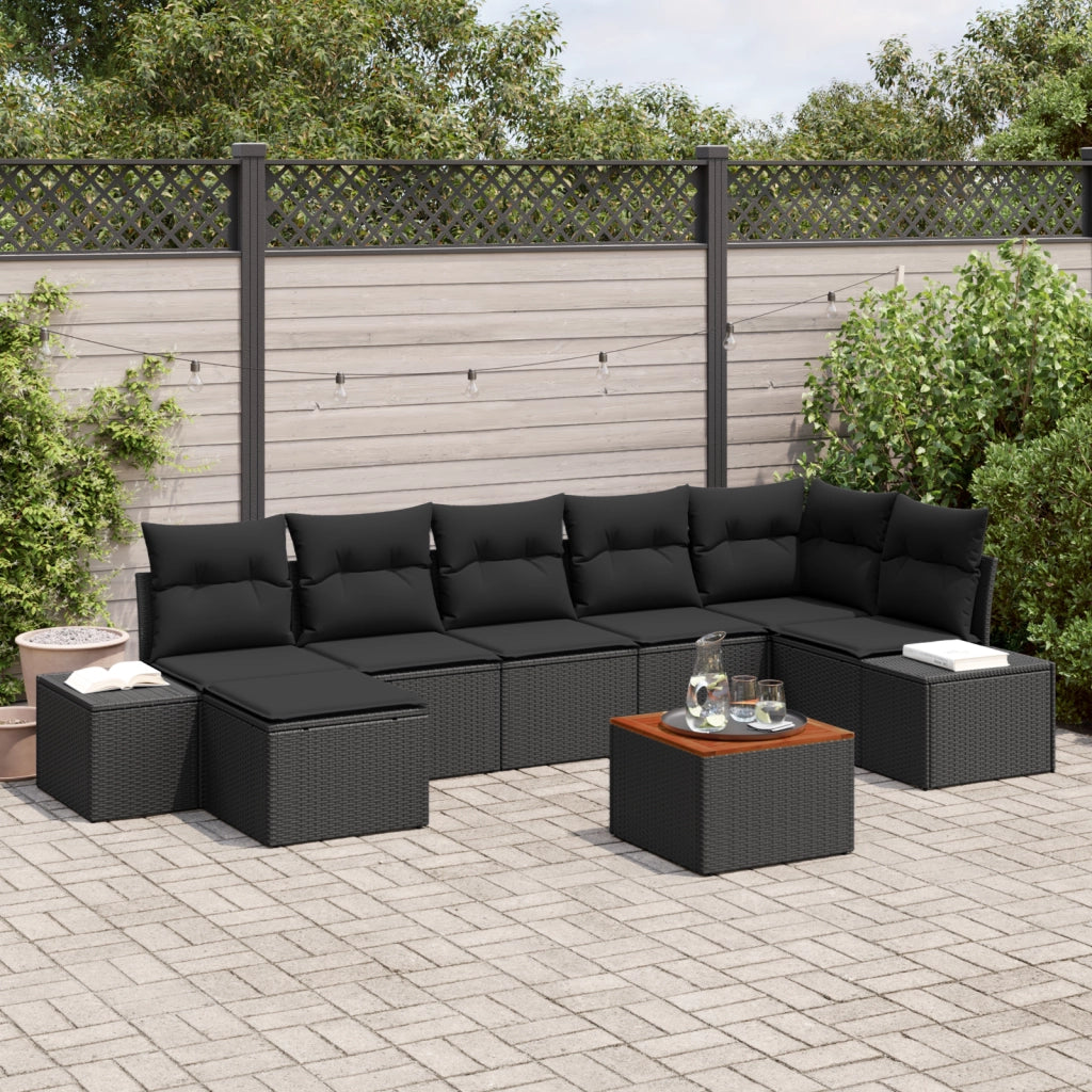 Set di mobili da giardino composto da 8 pezzi con cuscini neri in polyrattan e acacia
