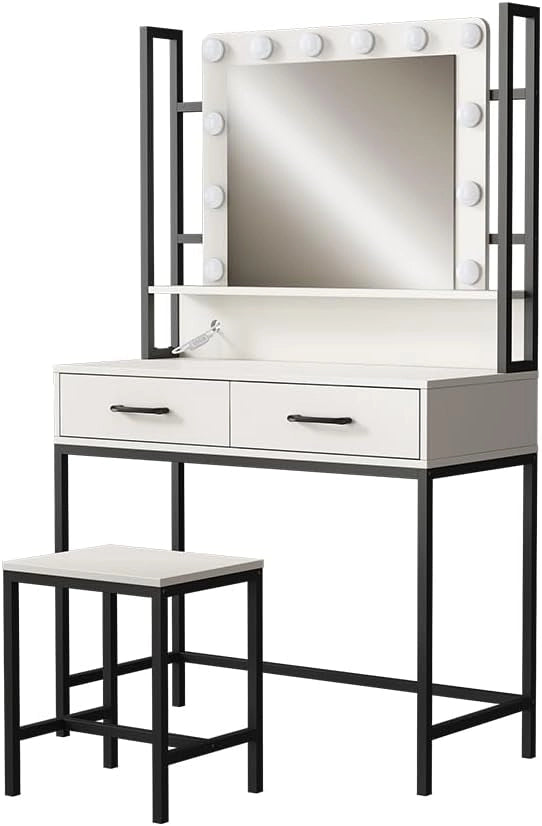 Tavolo da toilette Luvia, Bianco, 90 cm Con illuminazione a LED e sgabello, con grande specchio e striscia LED regolabile senza interruzioni