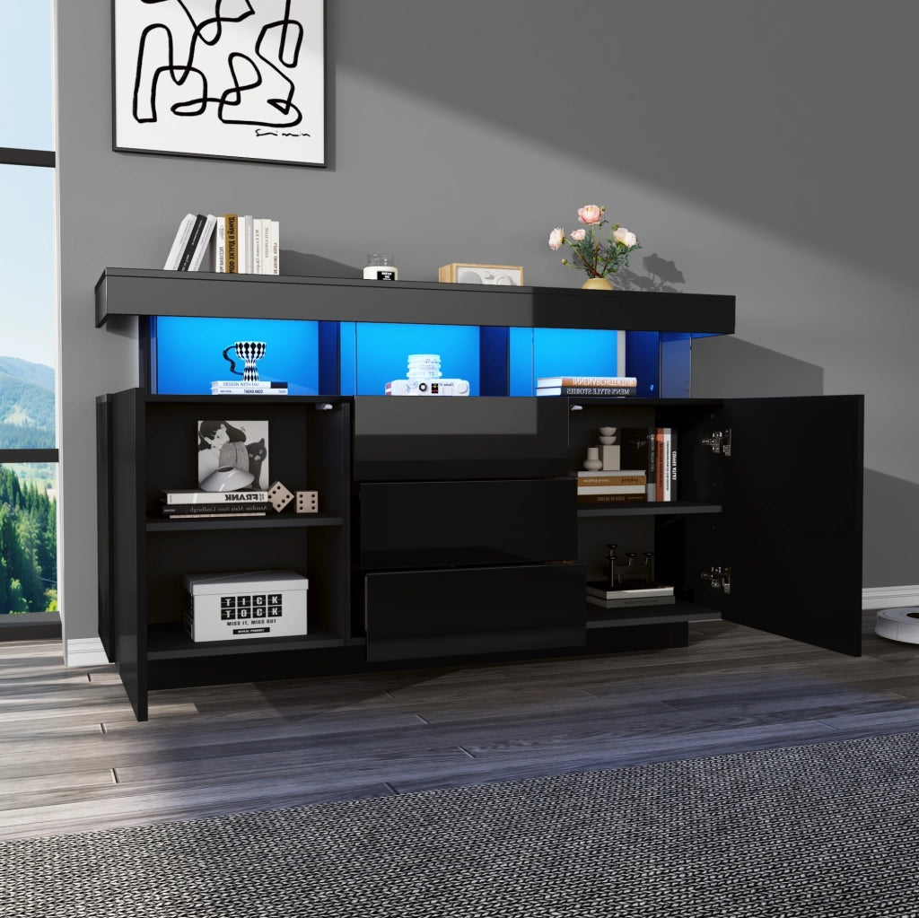 Credenza 140x35x80 cm con LED; 3 cassetti e vani aperti in truciolare e acrilico nero