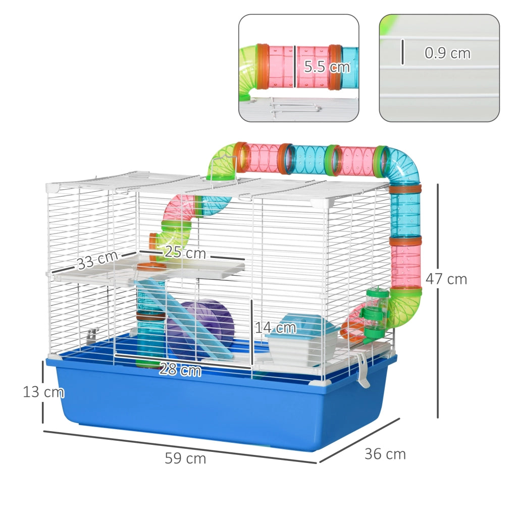 Gabbia per Criceti a 3 Livelli con Tunnel, Casetta e Ruota per Criceti, 59x36x47cm, Blu e Bianco