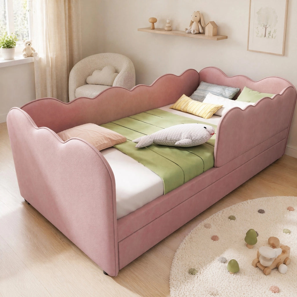 Letto singolo con letto estraibile 90x190 cm in velluto rosa