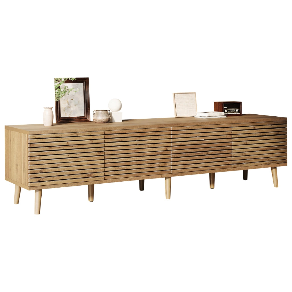 Mobile TV basso in legno naturale per TV fino a 75 pollici, con 4 ante a griglia, 180x40x46 cm