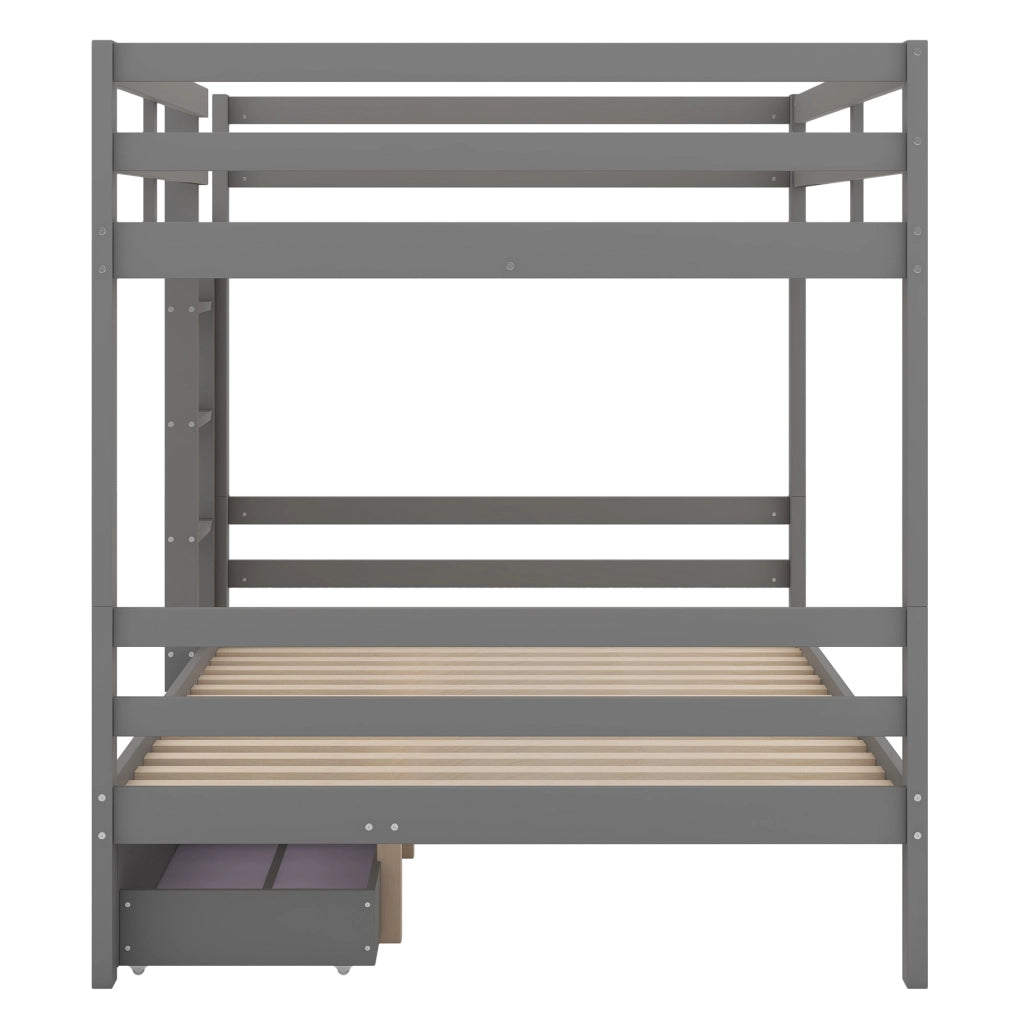 Letto a castello in legno con cassetti e scala, 140x200 cm, grigio