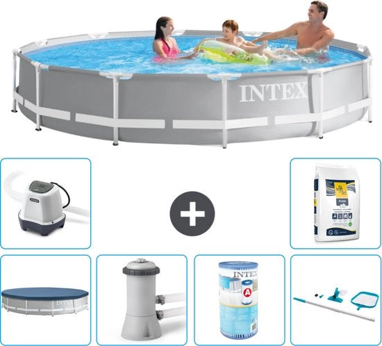 Piscina Rettangolare a Rete - 366 x 76 cm - Grigio - Incluso Copertura - Pomp di Piscina - Filtro - Kit di Pulizia - Sistema di Acqua Salata - Sale per Piscina