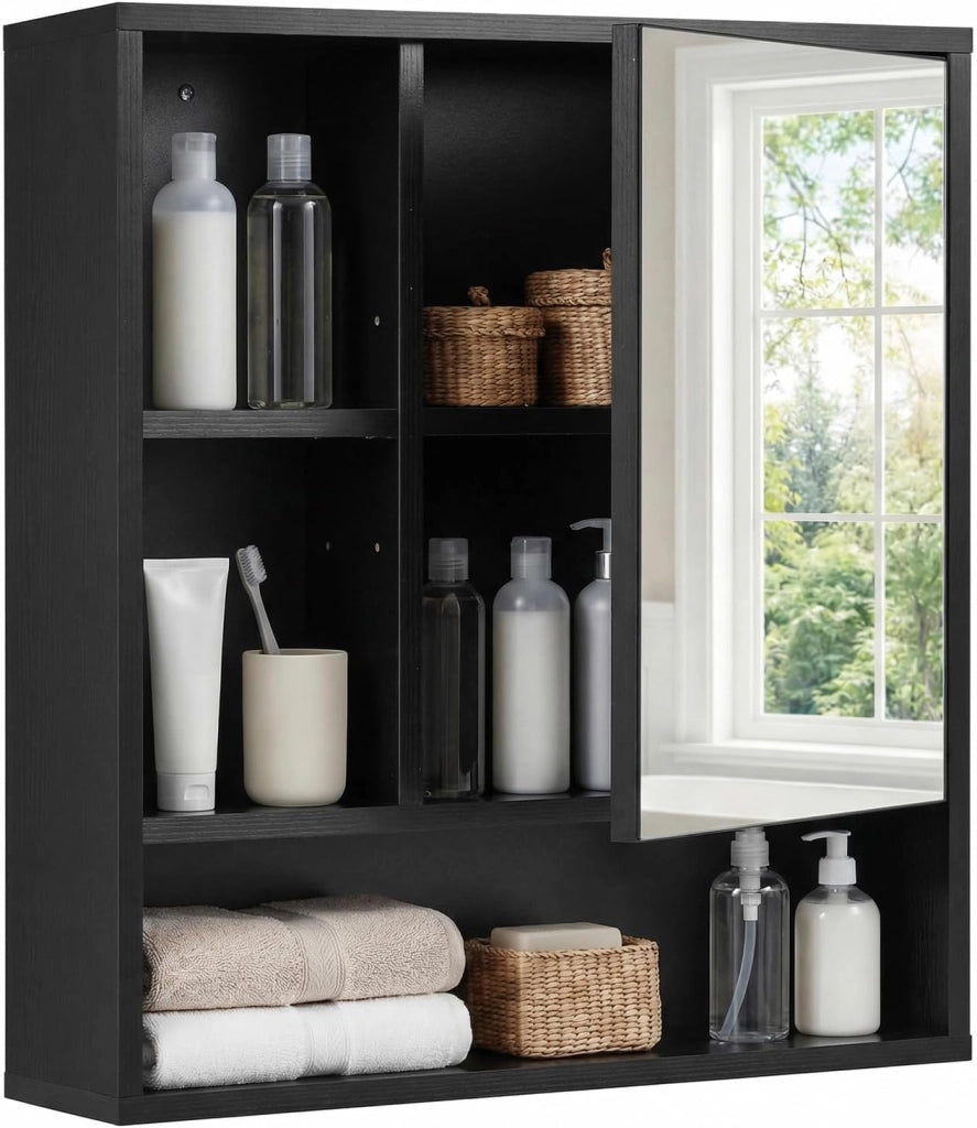 Mobile Bagno con Specchio da Parete, Specchiera Salvaspazio in Legno con Ripiano Regolabile e Scomparti Aperti, Armadietto Pensile per Bagno, Soggiorno e Cucina, 55 x 16,5 x 61 cm (Naturale)