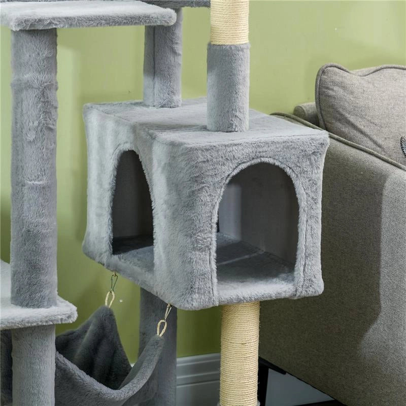 ALBERO TIRAGRAFFI PER GATTI CON AMACA, LETTINO E 2 CASETTE, IN TRUCIOLATO E PELUCHE, 55X49X177 CM, GRIGIO E BIANCO