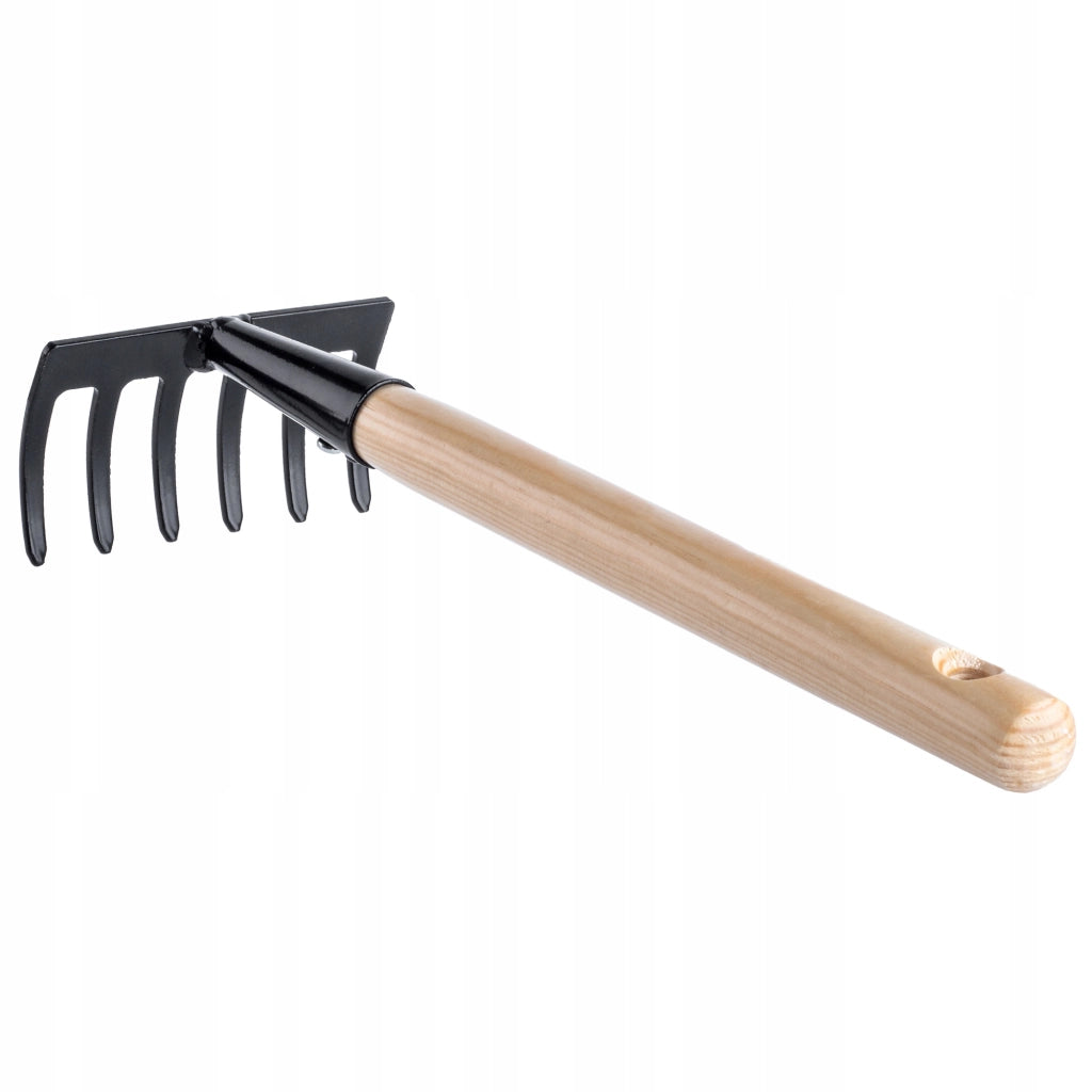 Rastrello da giardino in metallo KADAX, piccolo, 33 cm, 6 denti, manico in legno massello
