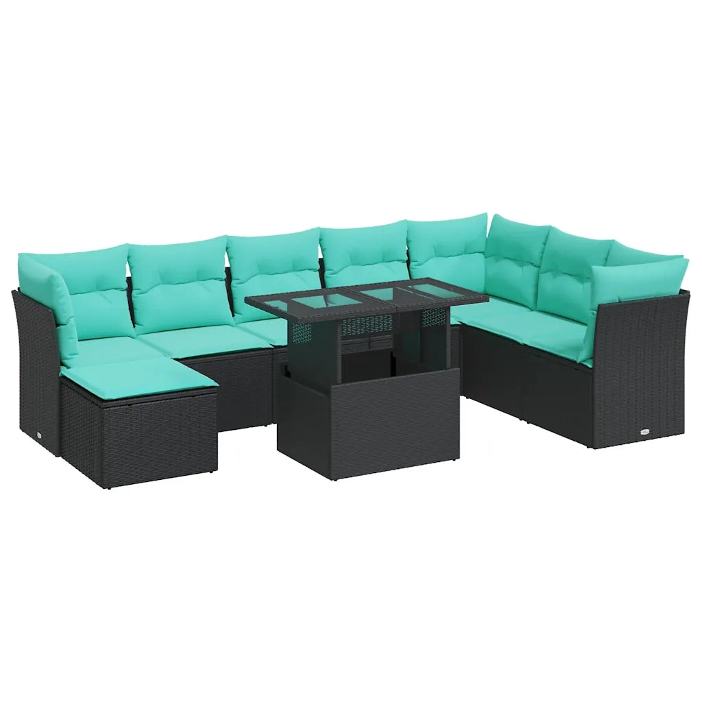 Set Divani da Giardino 9 pz con Cuscini Nero Polyrattan Acacia