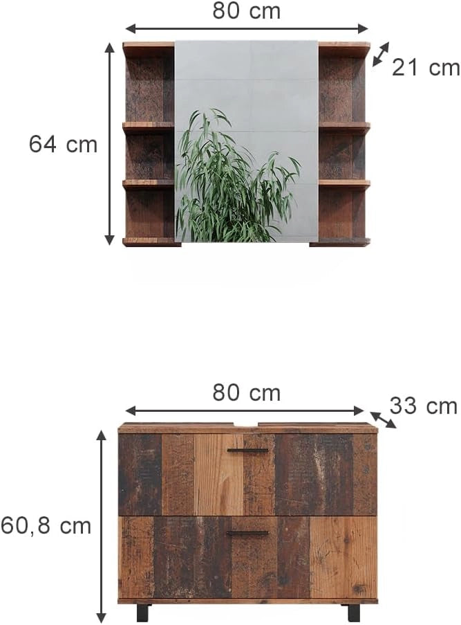 Set di mobili da bagno Ilias, Rovere rustico, 80.2 cm, composto da specchio da bagno e mobile sottolavabo