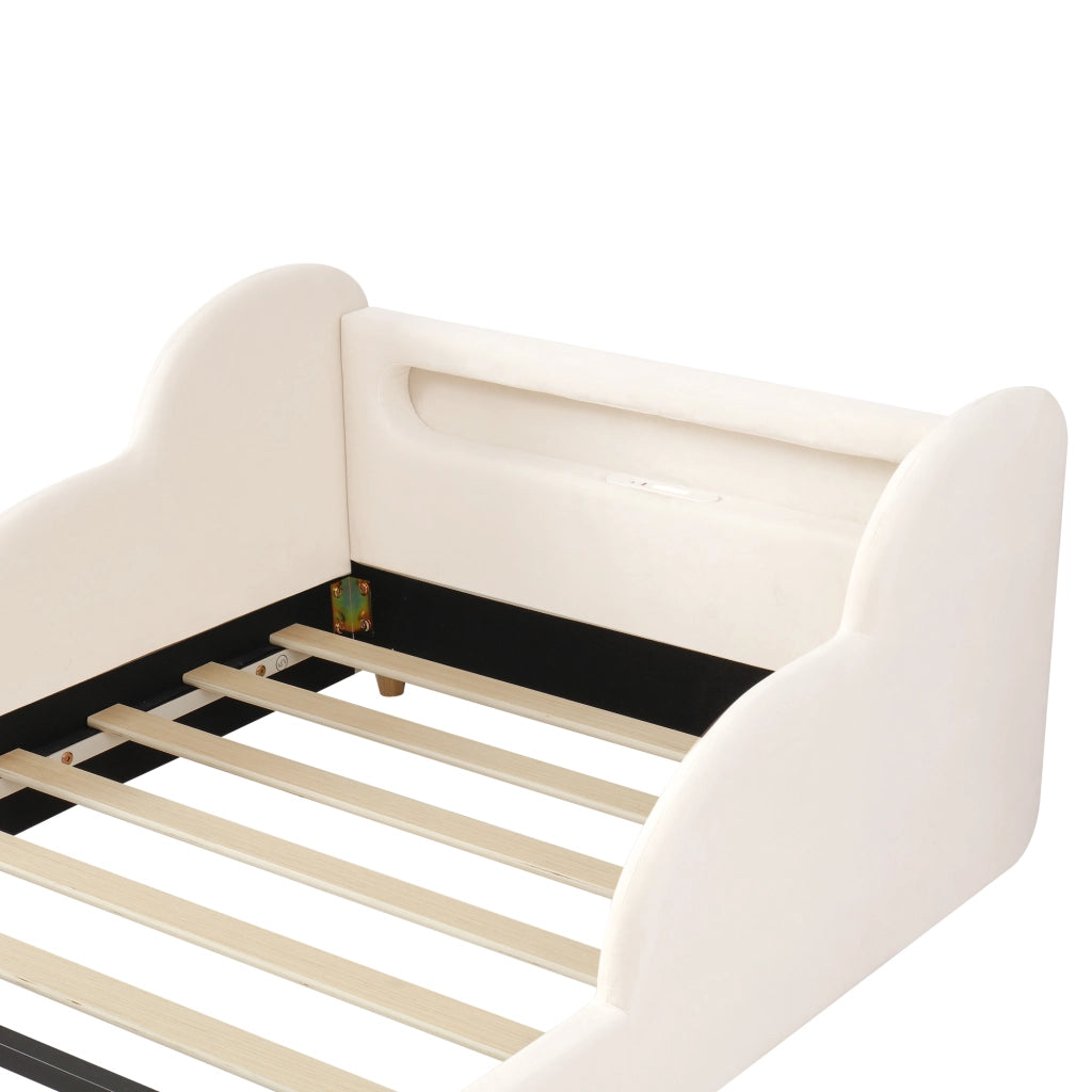 Letto singolo 90x200 cm in velluto beige con spondine imbottite, luci e porte USB, rete inclusa