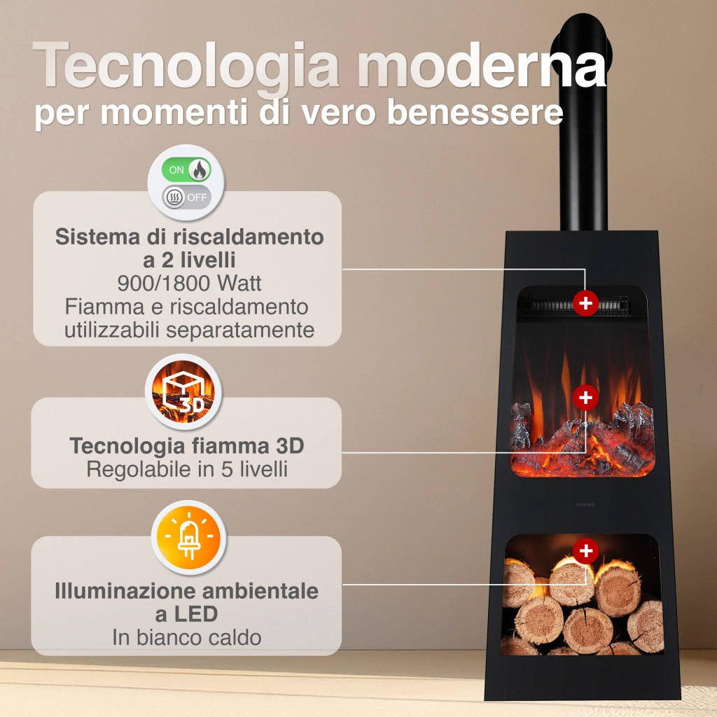 KAMINIO Caminetto elettrico da giardino con tubo KAI L - Stufa de terrazzo  elettrico con riscaldamento, effetto fiamma 3D, luce ambiente a LED, scomparto de legno, telecomando - Large, Nero